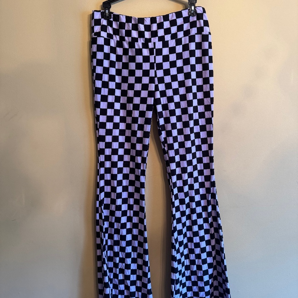 purple and black checkered flare pants